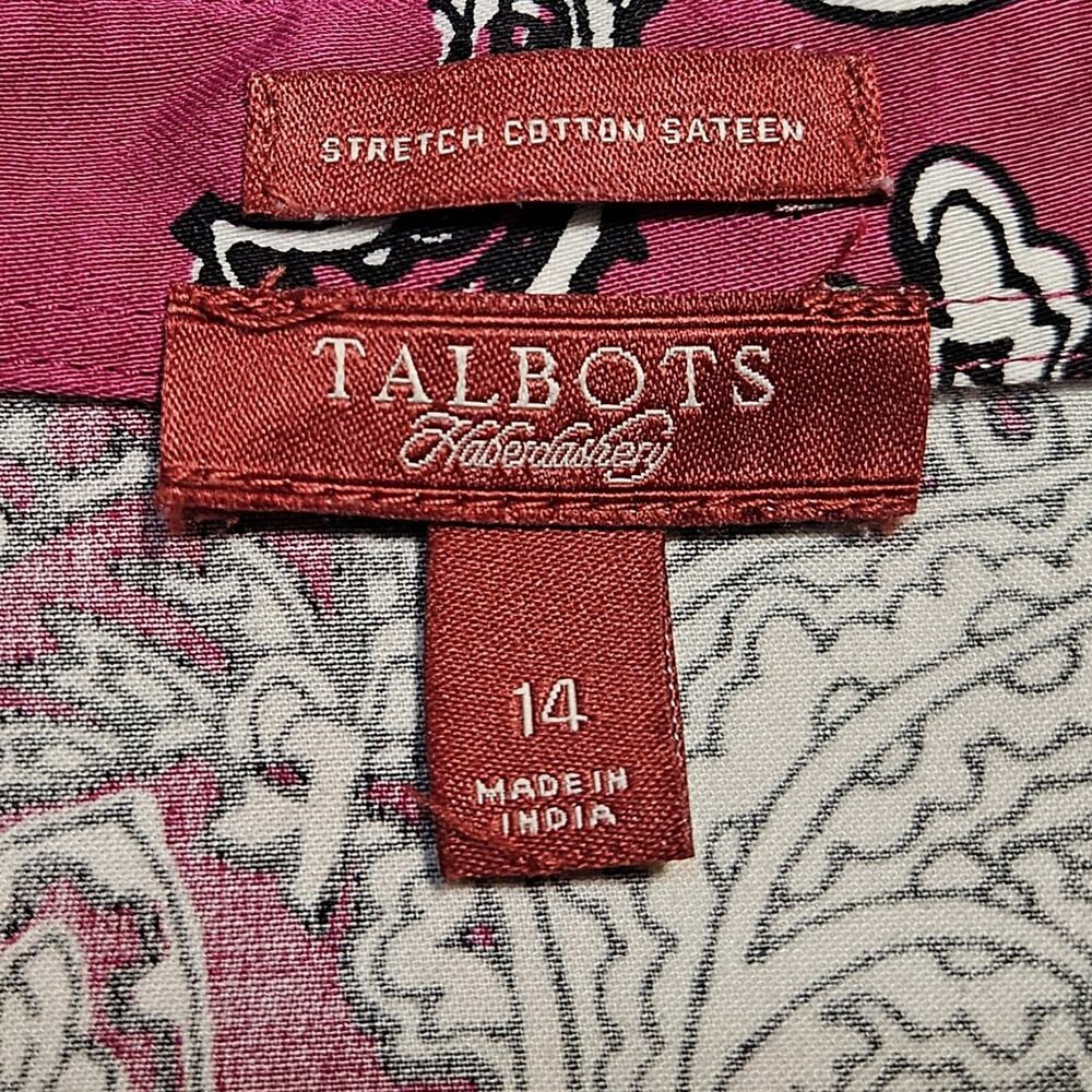 TALBOTS Women's 14 Blouse Paisley Pink Black Button Up Cotton Sateen Classic 40" - Picture 4 of 9